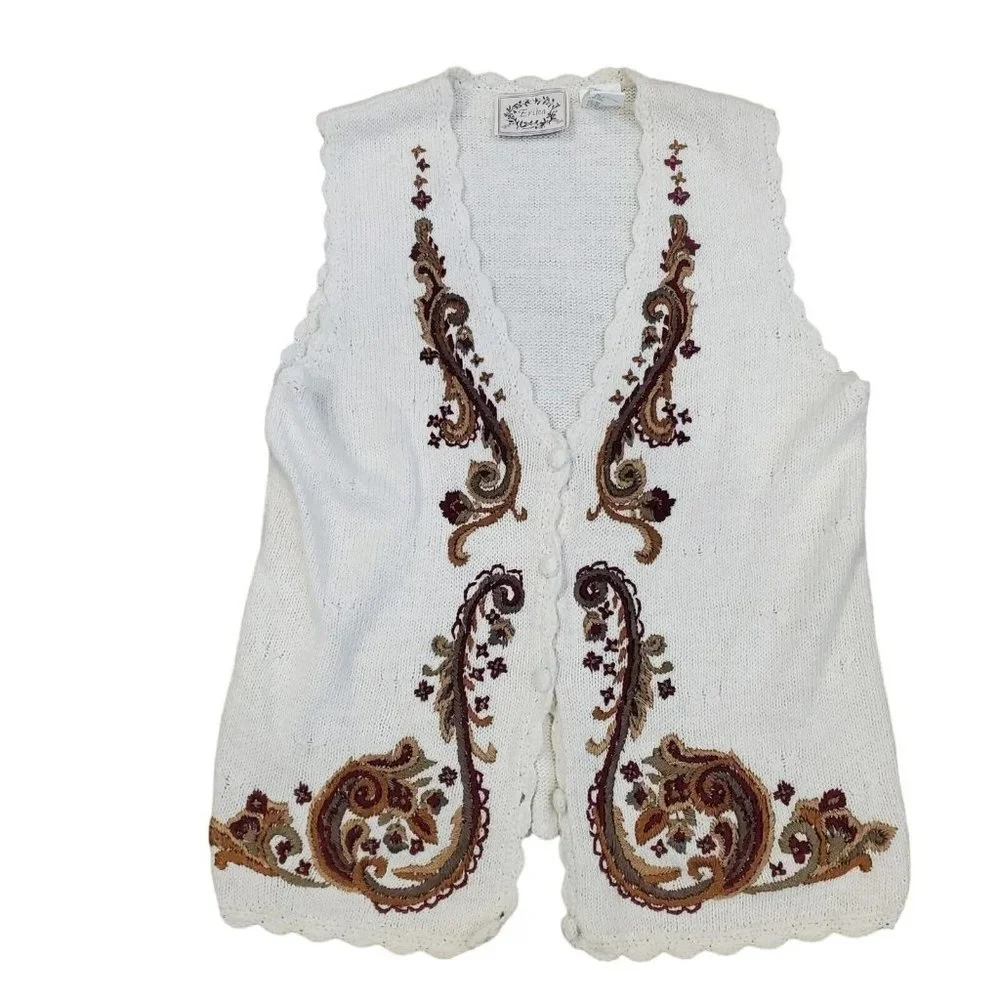 Vintage 90s Cream Sweater Vest Embroidered Paisley‎ Burgandy Sz S/M